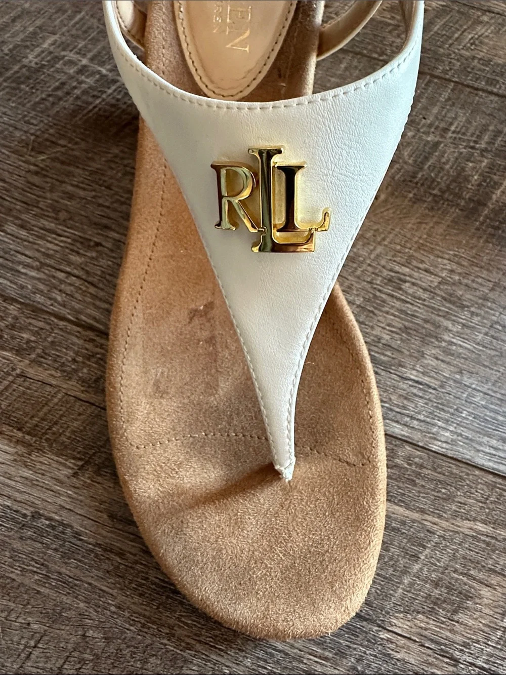 Ralph Lauren Lauren white Wedge Thong Sandals with Gold logo Accent